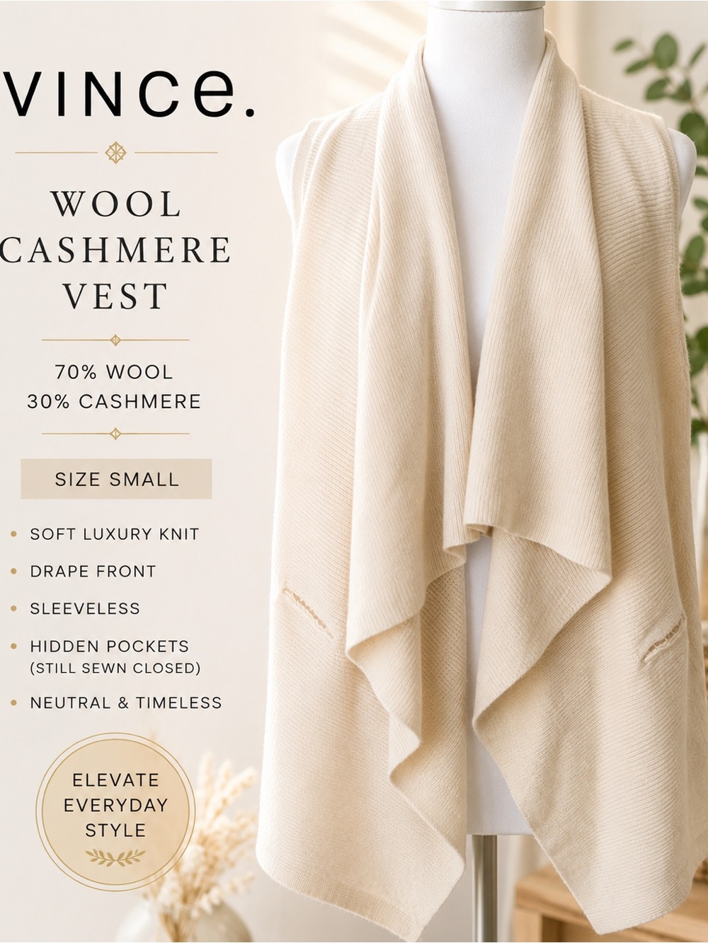 Vince Wool Cashmere Open Front Drape Vest Cardigan Cream Small Soft Luxury
